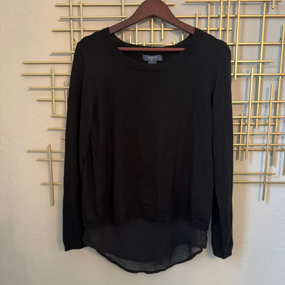 Verve Blues Black Layered Chiffon Hem Lightweight Sweater Top L